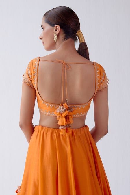 Shop_Devnaagri_Orange Chanderi, Raw Silk And Organza Dori, Sequins Hand Block Print Lehenga Set _Online_at_Aza_Fashions