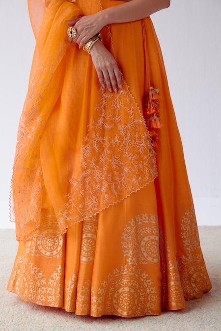 Devnaagri_Orange Chanderi, Raw Silk And Organza Dori, Sequins Hand Block Print Lehenga Set _at_Aza_Fashions