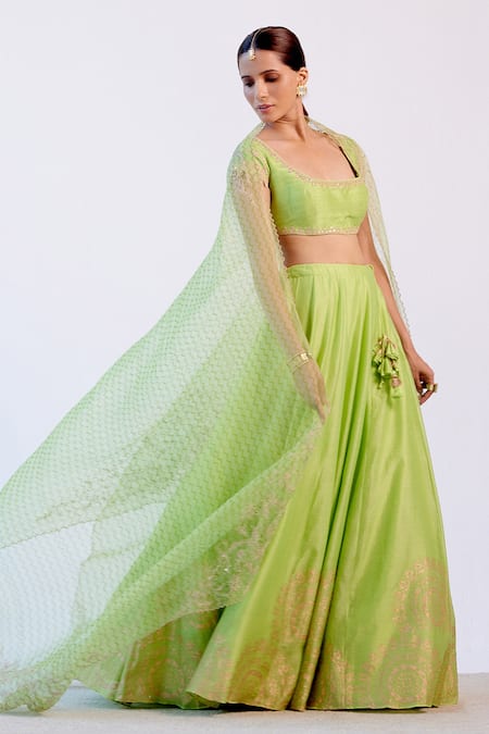 Devnaagri_Green Chanderi, Raw Silk And Organza Dori, Sequins Hand Block Print Lehenga Set _Online_at_Aza_Fashions