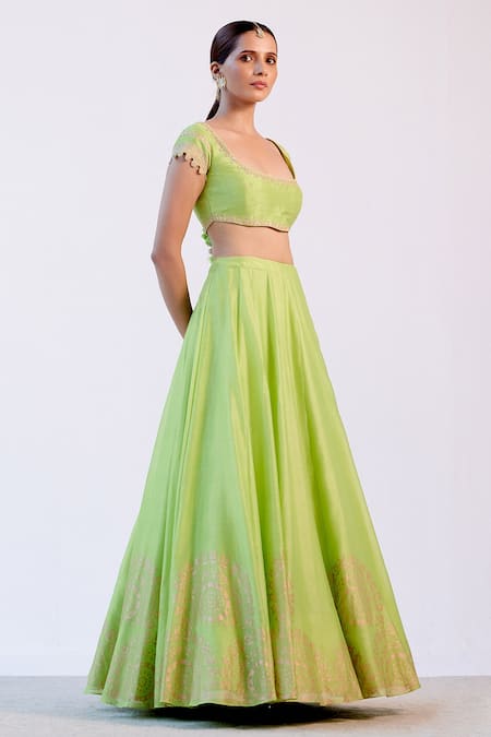 Buy_Devnaagri_Green Chanderi, Raw Silk And Organza Dori, Sequins Hand Block Print Lehenga Set _Online_at_Aza_Fashions