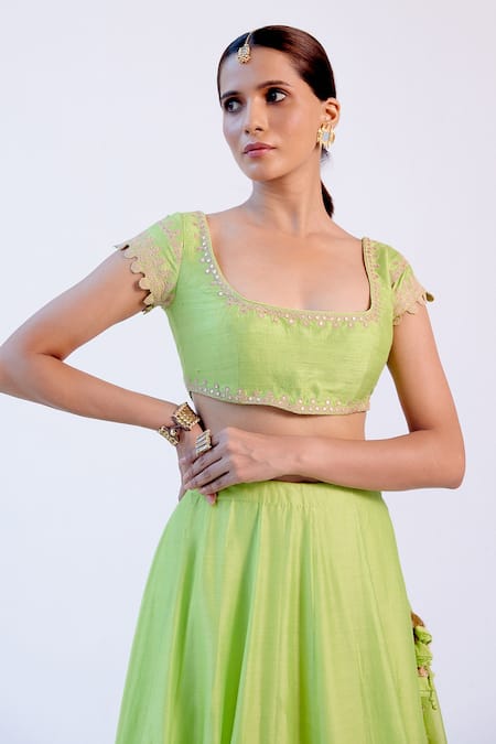Shop_Devnaagri_Green Chanderi, Raw Silk And Organza Dori, Sequins Hand Block Print Lehenga Set 