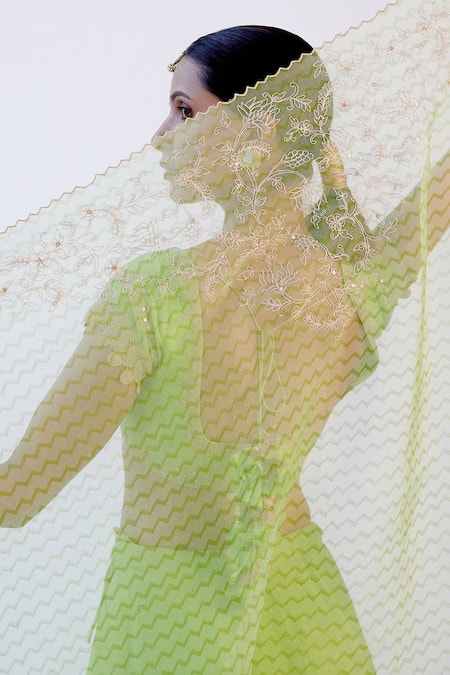 Devnaagri_Green Chanderi, Raw Silk And Organza Dori, Sequins Hand Block Print Lehenga Set _at_Aza_Fashions