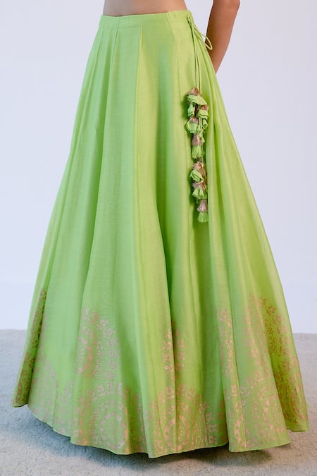 Buy_Devnaagri_Green Chanderi, Raw Silk And Organza Dori, Sequins Hand Block Print Lehenga Set 