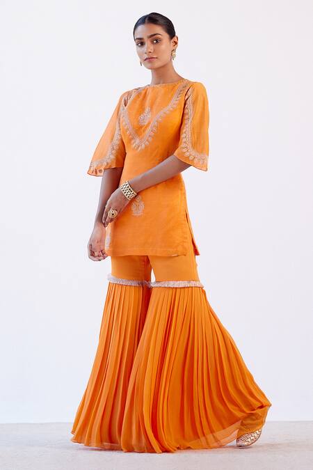 Buy_Devnaagri_Orange Linen Satin And Organza Dori, Sequins Round Embroidered Kurta Sharara Set_Online_at_Aza_Fashions