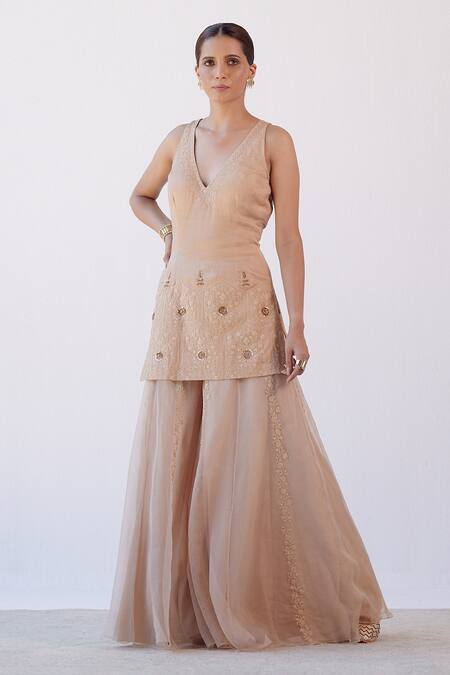 Buy_Devnaagri_Beige Linen Satin And Silk Organza Embroidered Dori V Neck Kurta Sharara Set _Online_at_Aza_Fashions