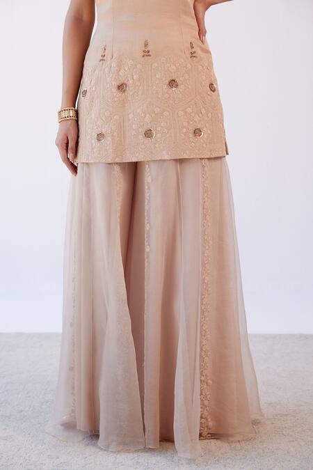 Shop_Devnaagri_Beige Linen Satin And Silk Organza Embroidered Dori V Neck Kurta Sharara Set _Online_at_Aza_Fashions