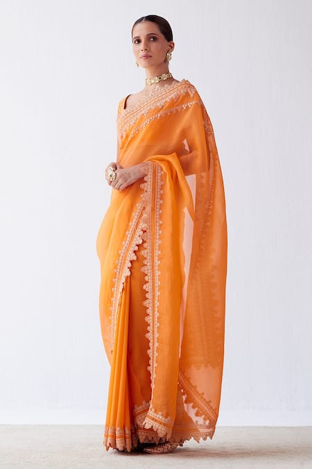 Buy_Devnaagri_Orange Silk Organza, Georgette And Chanderi Dori, Cutwork Border Saree With Blouse _Online_at_Aza_Fashions