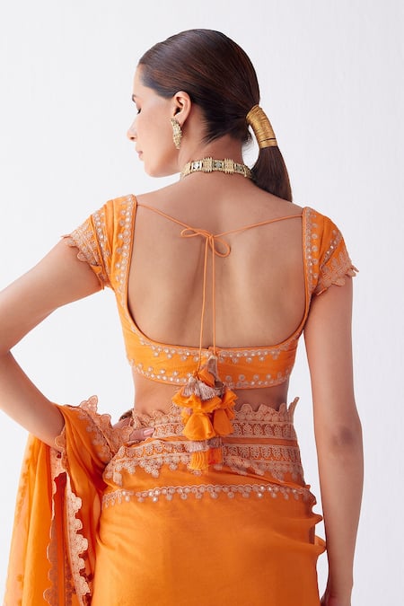 Devnaagri_Orange Silk Organza, Georgette And Chanderi Dori, Cutwork Border Saree With Blouse _Online_at_Aza_Fashions