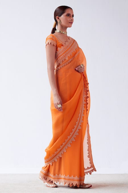 Shop_Devnaagri_Orange Silk Organza, Georgette And Chanderi Dori, Cutwork Border Saree With Blouse _Online_at_Aza_Fashions