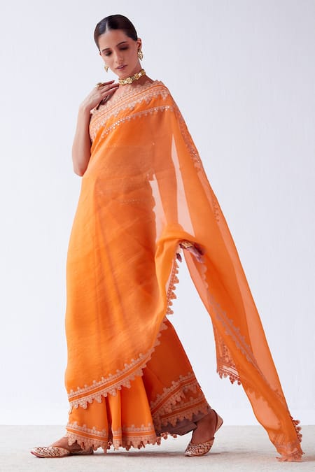 Devnaagri_Orange Silk Organza, Georgette And Chanderi Dori, Cutwork Border Saree With Blouse _at_Aza_Fashions