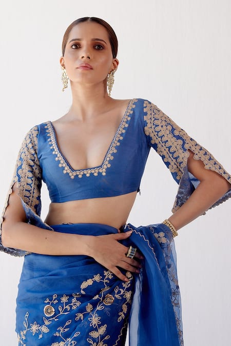 Shop Devnaagri Blue Silk Organza And Chanderi Dori, Sequin Blunt V Embroidered Saree With Blouse Online at Aza Fashions Shop_Devnaagri_Blue Silk Organza And Chanderi Dori, Sequin Blunt V Embroidered Saree With Blouse _Online_at_Aza_Fashions