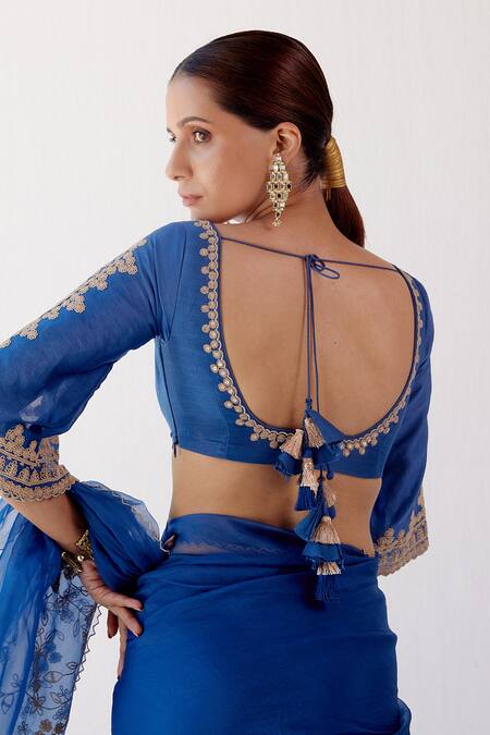 Devnaagri Blue Silk Organza And Chanderi Dori, Sequin Blunt V Embroidered Saree With Blouse at Aza Fashions Devnaagri_Blue Silk Organza And Chanderi Dori, Sequin Blunt V Embroidered Saree With Blouse _at_Aza_Fashions