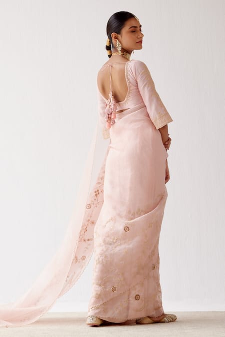 Shop Devnaagri Pink Silk Organza And Chanderi Dori, Sequin Blunt V Embroidered Saree With Blouse at Aza Fashions Shop_Devnaagri_Pink Silk Organza And Chanderi Dori, Sequin Blunt V Embroidered Saree With Blouse _at_Aza_Fashions
