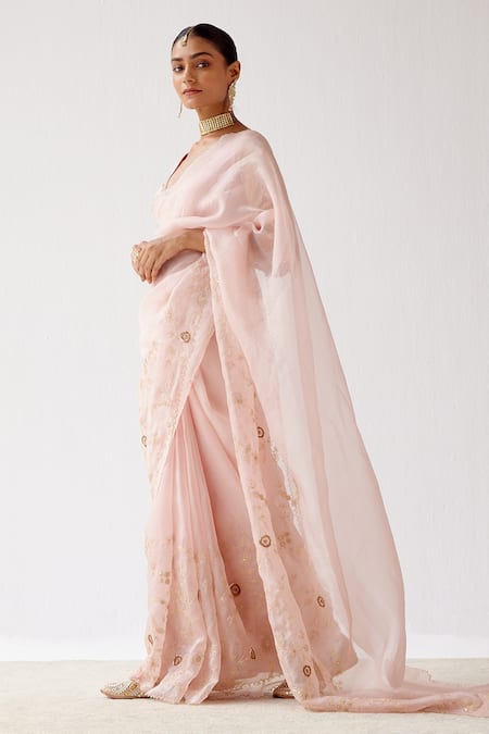 Buy Devnaagri Pink Silk Organza And Chanderi Dori, Sequin Blunt V Embroidered Saree With Blouse Online at Aza Fashions Buy_Devnaagri_Pink Silk Organza And Chanderi Dori, Sequin Blunt V Embroidered Saree With Blouse _Online_at_Aza_Fashions