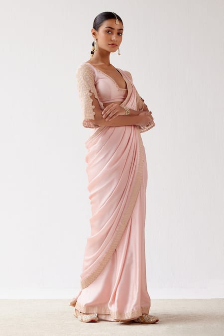 Devnaagri Pink Silk Satin And Chanderi Dori, Sequin Blunt V Saree With Embroidered Blouse Online at Aza Fashions Devnaagri_Pink Silk Satin And Chanderi Dori, Sequin Blunt V Saree With Embroidered Blouse _Online_at_Aza_Fashions