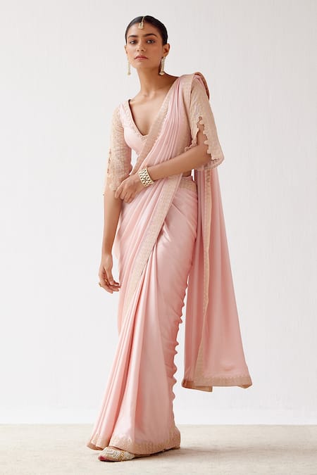 Buy Devnaagri Pink Silk Satin And Chanderi Dori, Sequin Blunt V Saree With Embroidered Blouse Online at Aza Fashions Buy_Devnaagri_Pink Silk Satin And Chanderi Dori, Sequin Blunt V Saree With Embroidered Blouse _Online_at_Aza_Fashions