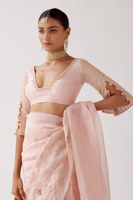 Shop Devnaagri Pink Silk Satin And Chanderi Dori, Sequin Blunt V Saree With Embroidered Blouse Online at Aza Fashions Shop_Devnaagri_Pink Silk Satin And Chanderi Dori, Sequin Blunt V Saree With Embroidered Blouse _Online_at_Aza_Fashions