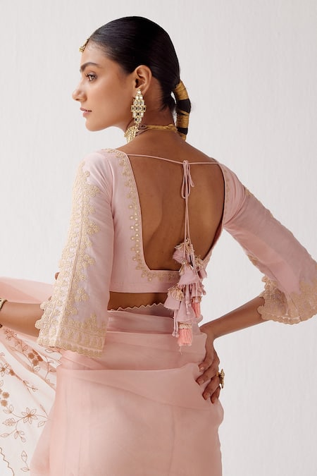 Devnaagri Pink Silk Satin And Chanderi Dori, Sequin Blunt V Saree With Embroidered Blouse at Aza Fashions Devnaagri_Pink Silk Satin And Chanderi Dori, Sequin Blunt V Saree With Embroidered Blouse _at_Aza_Fashions