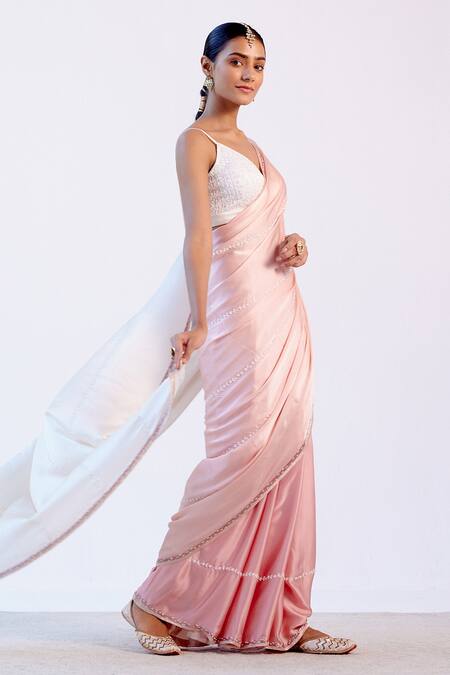 Devnaagri_Pink Satin And Gajji Silk Pearl, Resham V Neck Embroidered Saree With Blouse _Online_at_Aza_Fashions