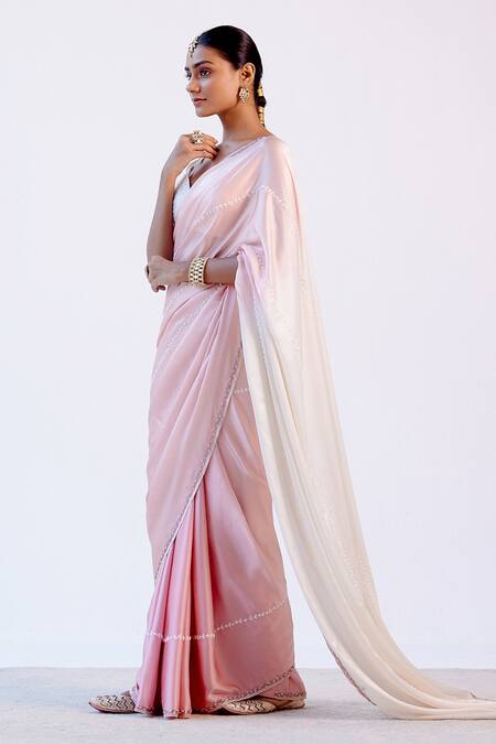 Buy_Devnaagri_Pink Satin And Gajji Silk Pearl, Resham V Neck Embroidered Saree With Blouse _Online_at_Aza_Fashions