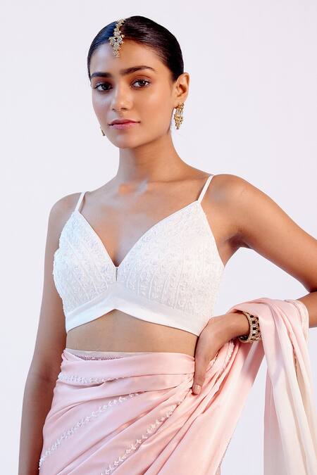 Shop_Devnaagri_Pink Satin And Gajji Silk Pearl, Resham V Neck Embroidered Saree With Blouse _Online_at_Aza_Fashions