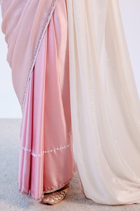 Devnaagri_Pink Satin And Gajji Silk Pearl, Resham V Neck Embroidered Saree With Blouse _at_Aza_Fashions