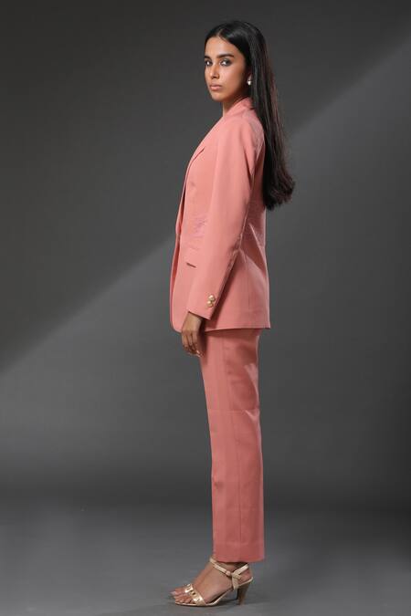 Zeefaa_Coral French Moss Lapel Collar Lace Trim Blazer_Online_at_Aza_Fashions