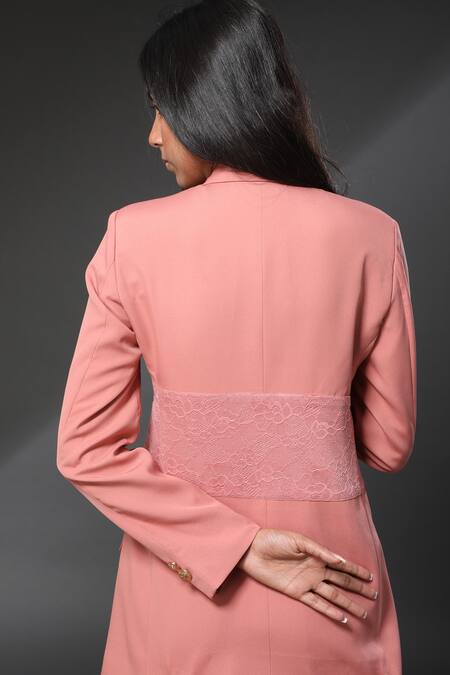 Buy_Zeefaa_Coral French Moss Lapel Collar Lace Trim Blazer_Online_at_Aza_Fashions