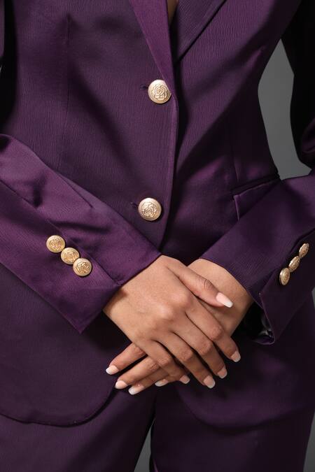 Buy_Zeefaa_Purple Silken Moss Lapel Collar Blazer_Online_at_Aza_Fashions