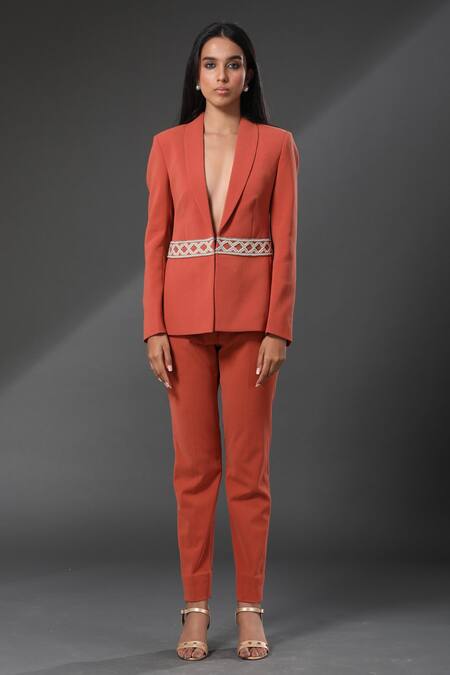 Zeefaa_Orange Italian Moss Beads And Cutdana Shawl Collar Blazer_Online_at_Aza_Fashions