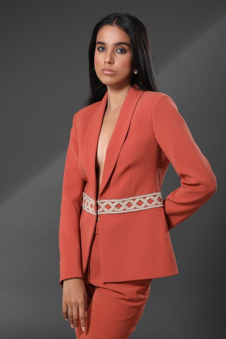 Buy_Zeefaa_Orange Italian Moss Beads And Cutdana Shawl Collar Blazer_Online_at_Aza_Fashions