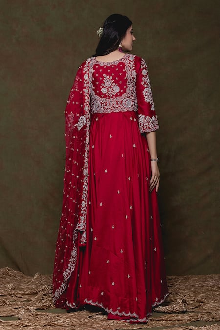 Shop Surbhi Shah Maroon Organza, Spun Silk Floral Scallop V Embroidered Anarkali Set at Aza Fashions Shop_Surbhi Shah_Maroon Organza, Spun Silk Floral Scallop V Embroidered Anarkali Set _at_Aza_Fashions