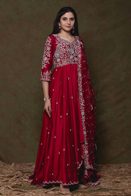 Surbhi Shah Maroon Organza, Spun Silk Floral Scallop V Embroidered Anarkali Set Online at Aza Fashions Surbhi Shah_Maroon Organza, Spun Silk Floral Scallop V Embroidered Anarkali Set _Online_at_Aza_Fashions