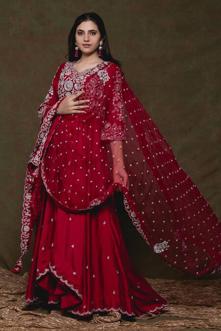 Buy Surbhi Shah Maroon Organza, Spun Silk Floral Scallop V Embroidered Anarkali Set Online at Aza Fashions Buy_Surbhi Shah_Maroon Organza, Spun Silk Floral Scallop V Embroidered Anarkali Set _Online_at_Aza_Fashions