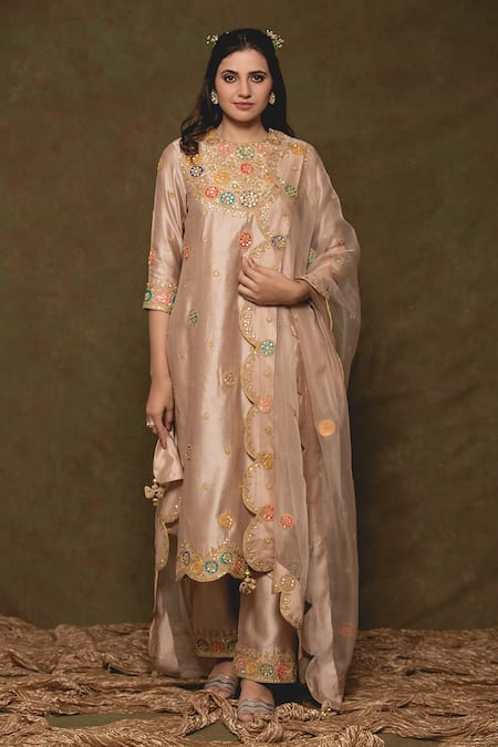 Surbhi Shah Beige Pure Spun Silk Embroidery Sequin Round Kurta Set  