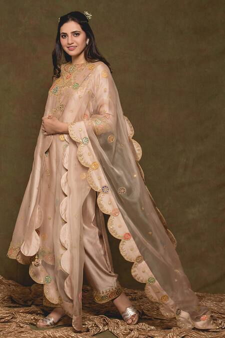 Buy_Surbhi Shah_Beige Organza, Spun Silk Sequin, Thread Round Embroidered Kurta Set_Online_at_Aza_Fashions