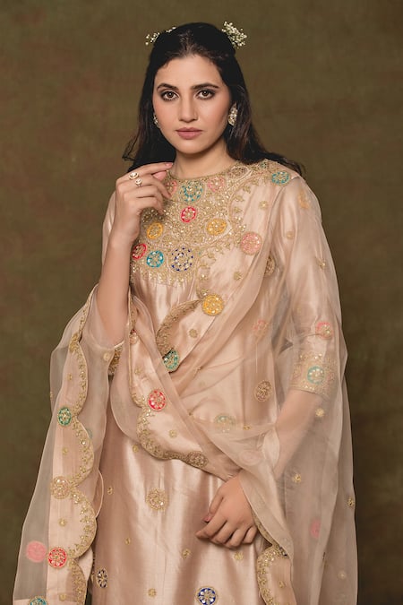 Shop_Surbhi Shah_Beige Organza, Spun Silk Sequin, Thread Round Embroidered Kurta Set_Online_at_Aza_Fashions