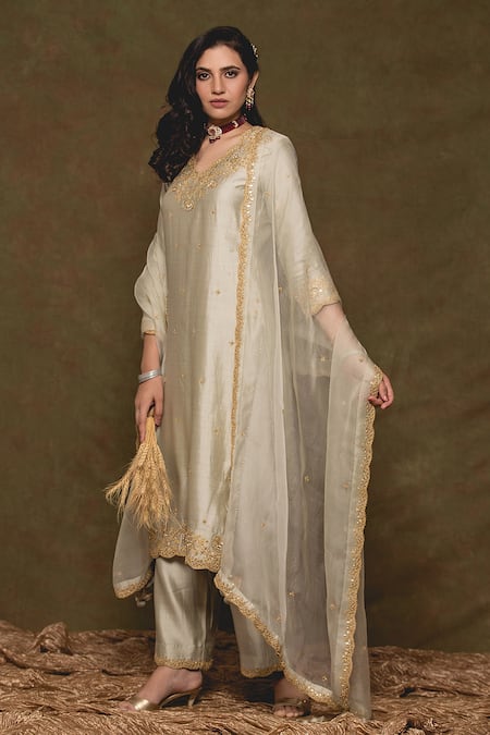 Shop_Surbhi Shah_Grey Organza, Spun Silk Floral Scallop V Neck Embroidered Kurta Set _Online_at_Aza_Fashions