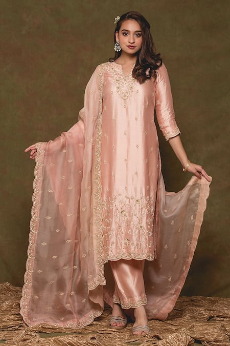 Buy Pink Pure Spun Silk Embroidery Floral Notched Kurta Set For Women