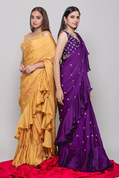 Buy Yellow And Pink Ready Pleated Ruffle Saree In Crepe Enhanced With  Floral And Paisley Print Online - Kalki Fashion