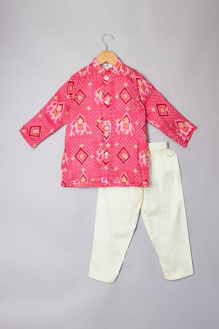 P & S Co Pink Silk Lined With Mulmul Printed Patola Kurta Set 