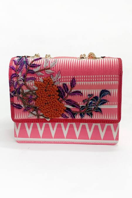 The Garnish Company Pink Printed Briar Stitchline Embroidered Sling Bag Online at Aza Fashions The Garnish Company_Pink Printed Briar Stitchline Embroidered Sling Bag _Online_at_Aza_Fashions