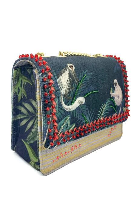 The Garnish Company Black Printed Monkey Embellished Sling Bag Online at Aza Fashions The Garnish Company_Black Printed Monkey Embellished Sling Bag _Online_at_Aza_Fashions