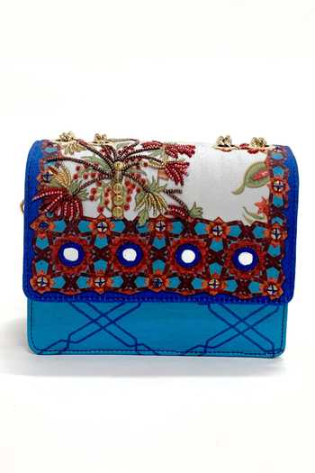 Shop The Garnish Company Blue Embroidery, Beads Lunan Geometric Print Sling Bag at Aza Fashions Shop_The Garnish Company_Blue Embroidery, Beads Lunan Geometric Print Sling Bag _at_Aza_Fashions