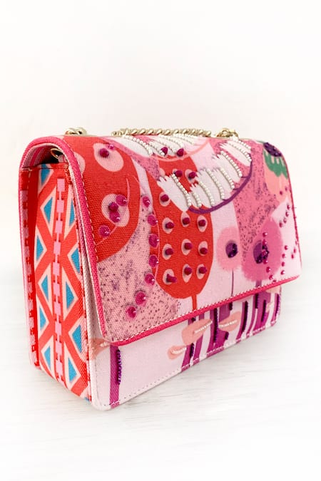 The Garnish Company_Pink Printed Calendula Cotton Canvas Sling Bag _Online_at_Aza_Fashions