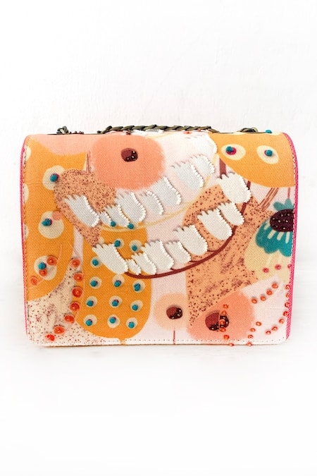 Shop The Garnish Company Beige Printed Calendula Bead Embellished Sling Bag at Aza Fashions Shop_The Garnish Company_Beige Printed Calendula Bead Embellished Sling Bag _at_Aza_Fashions