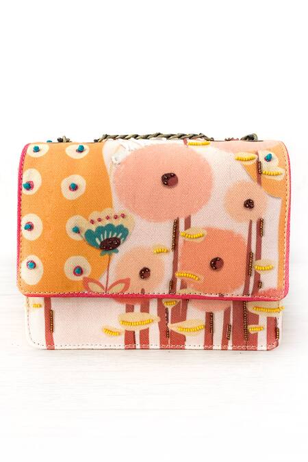 The Garnish Company Beige Printed Calendula Bead Embellished Sling Bag Online at Aza Fashions The Garnish Company_Beige Printed Calendula Bead Embellished Sling Bag _Online_at_Aza_Fashions