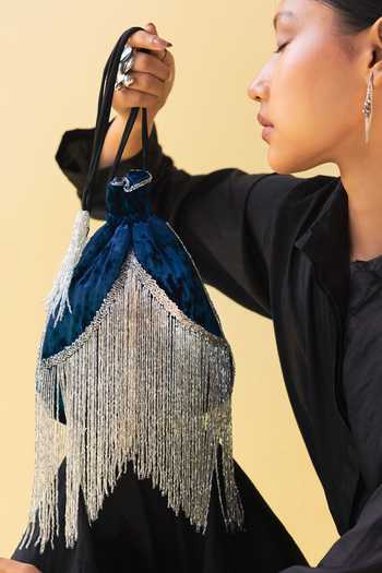 Aamli Blue Beads, Tassels Gulika Silk Velvet Potli Online at Aza Fashions Aamli_Blue Beads, Tassels Gulika Silk Velvet Potli _Online_at_Aza_Fashions