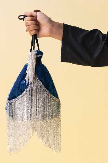 Buy Aamli Blue Beads, Tassels Gulika Silk Velvet Potli Online at Aza Fashions Buy_Aamli_Blue Beads, Tassels Gulika Silk Velvet Potli _Online_at_Aza_Fashions