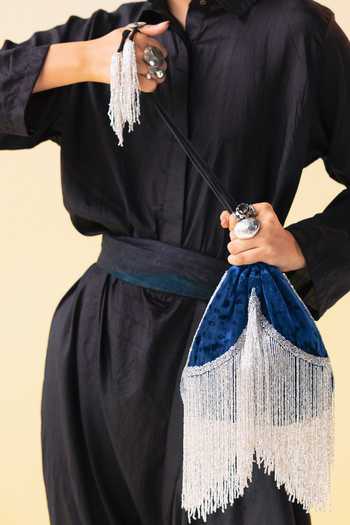 Shop Aamli Blue Beads, Tassels Gulika Silk Velvet Potli Online at Aza Fashions Shop_Aamli_Blue Beads, Tassels Gulika Silk Velvet Potli _Online_at_Aza_Fashions